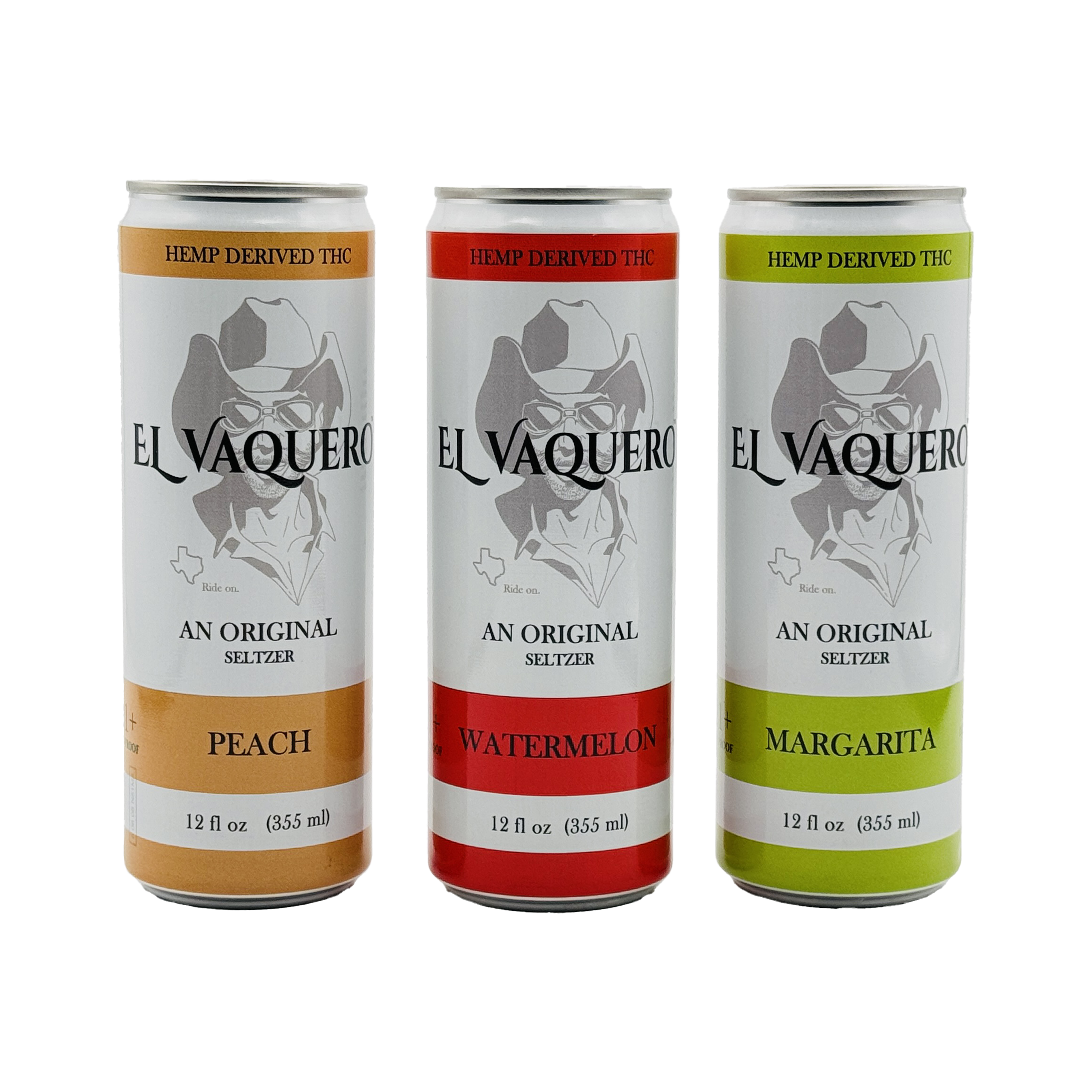 Three cans of El Vaquero seltzer in Peach, Watermelon, and Margarita flavors against a green background.