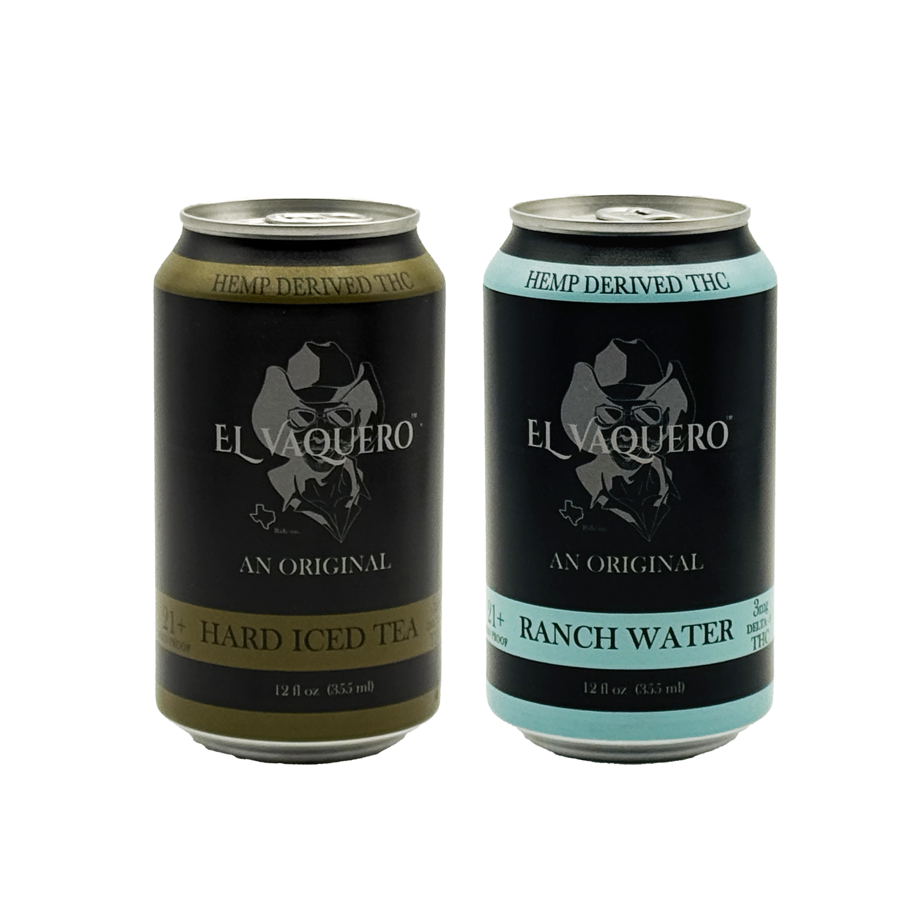 Two cans of El Vaquero THC beverages, Hard Iced Tea and Ranch Water, against a green background.