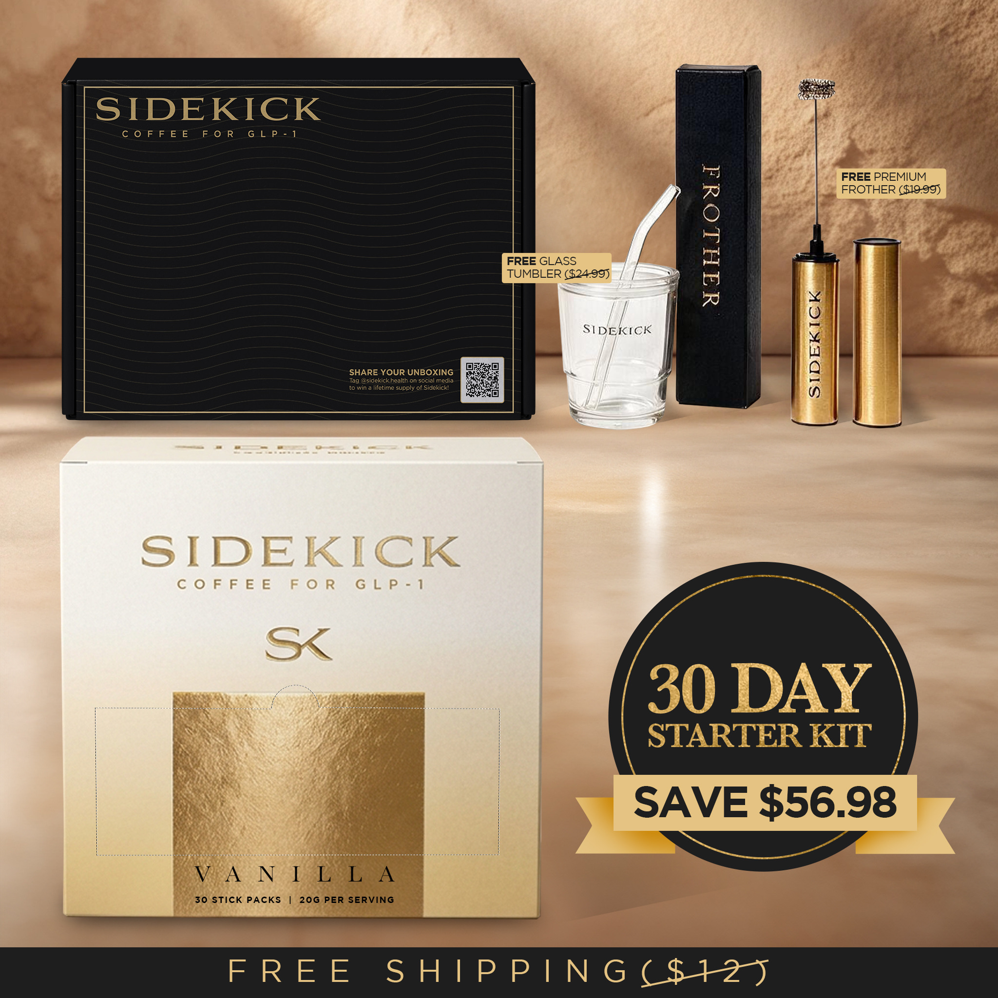 A promotional image of the Sidekick Coffee 30 Day Starter Kit, including coffee, a tumbler, and a frother.