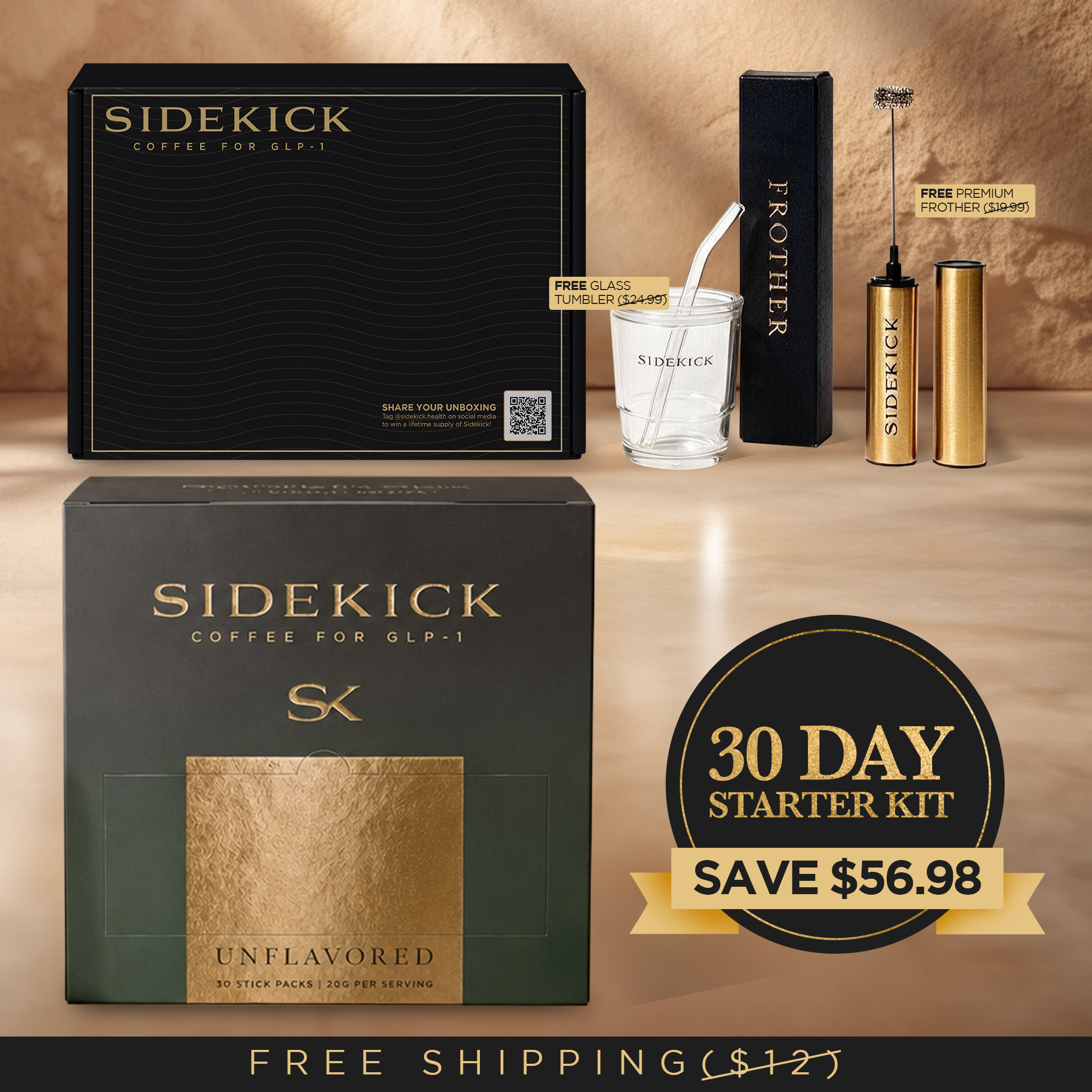 A promotional image for the Sidekick Coffee 30 Day Starter Kit with coffee, tumbler, and frother.