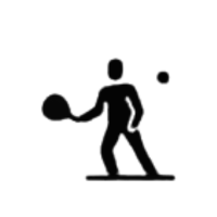 Silhouette of a person playing tennis with a racket and ball.