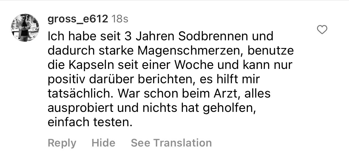 A user review in German discussing relief from heartburn and stomach pain using capsules.