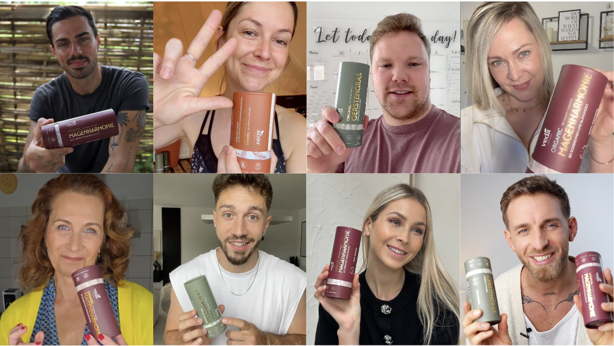 Collage of people holding various cylindrical product containers.