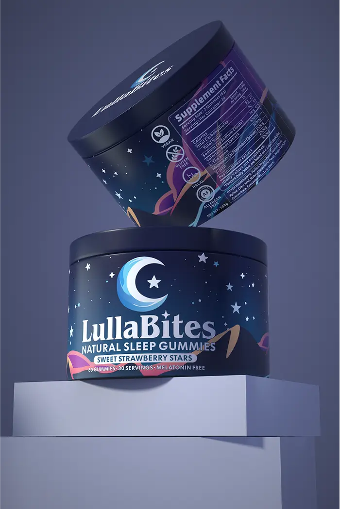 Two LullaBites sleep gummies containers with starry design on a pedestal.