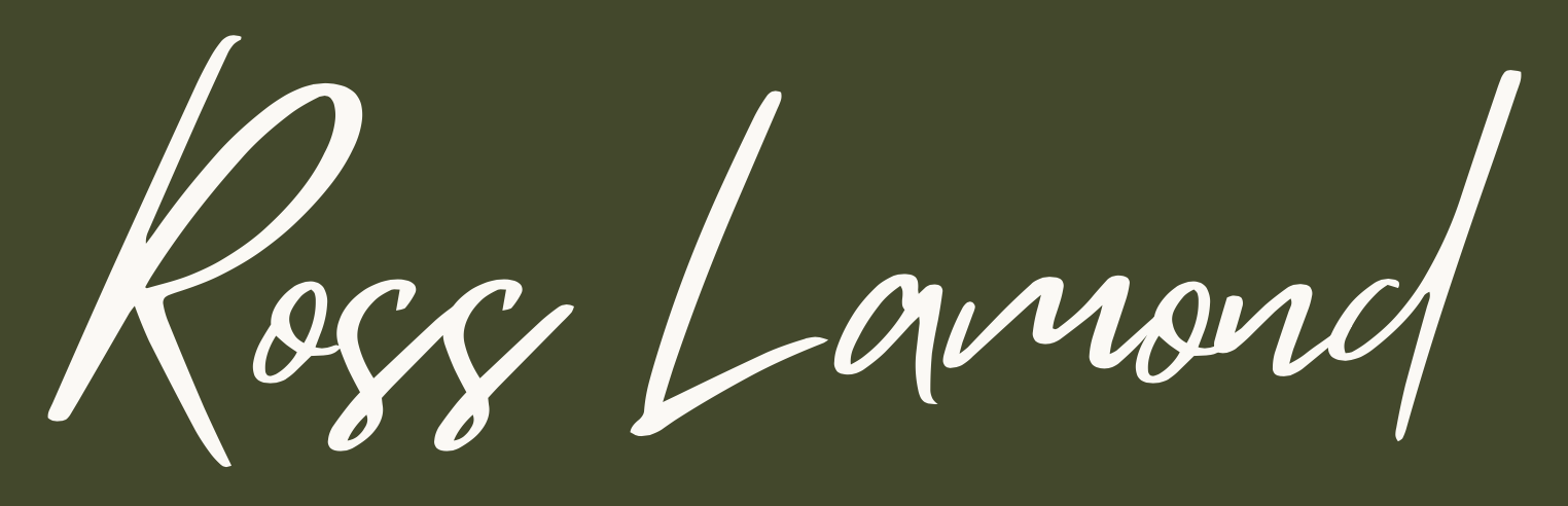 The name Ross Lamond in white cursive script on a dark green background.