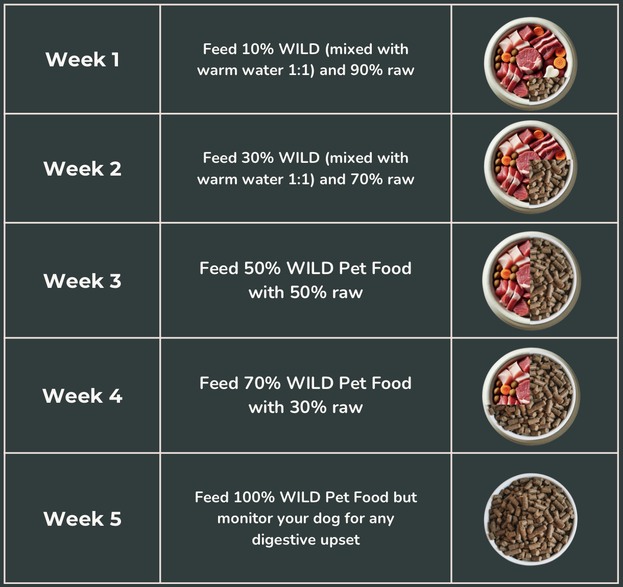 Five-week dog food transition plan with images of mixed pet food bowls.