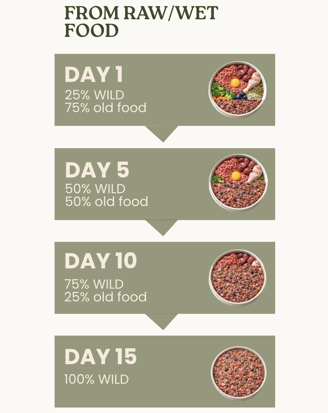 An infographic illustrating a 15-day transition plan from raw/wet food, showing four bowls with increasing percentages of new food.