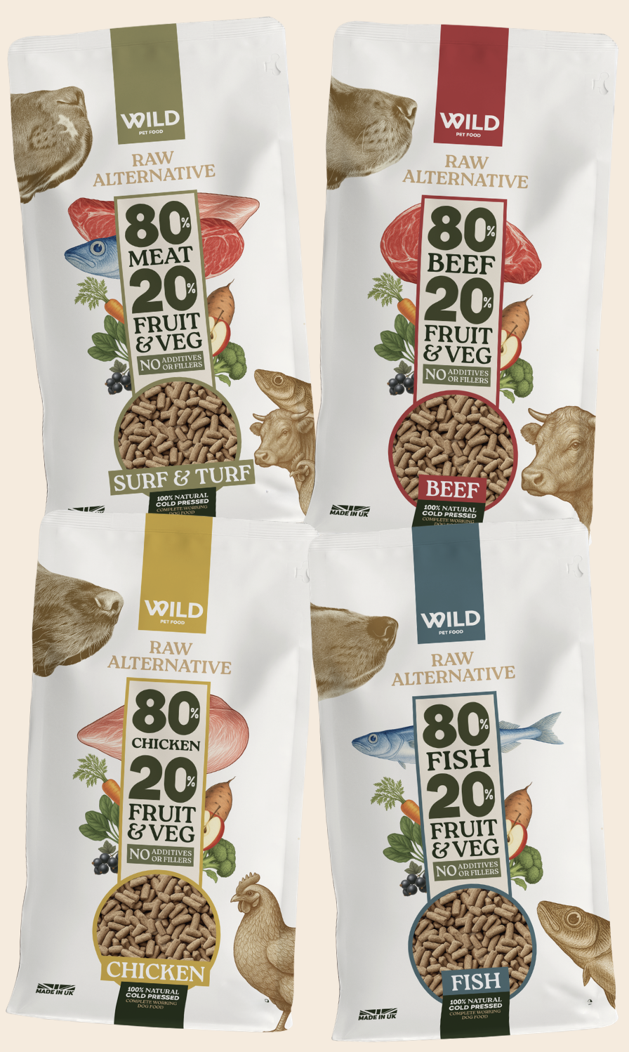 Four bags of pet food labeled chicken, beef, surf & turf, and fish.