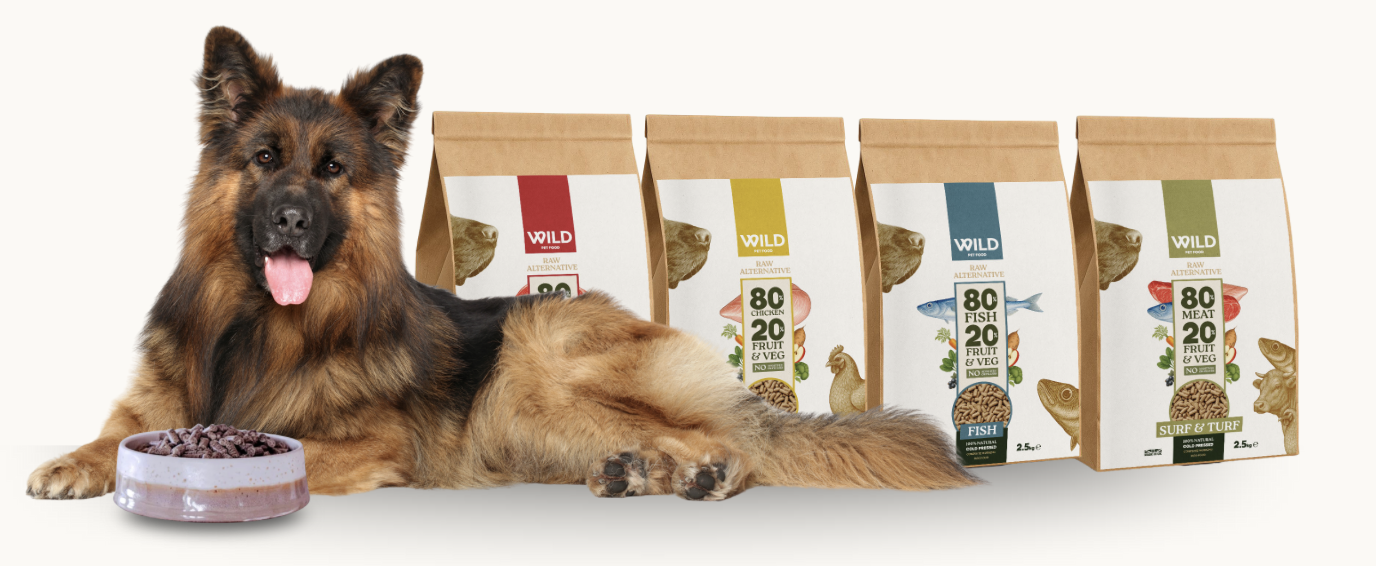 A dog lying beside four bags of pet food and a bowl of kibble.