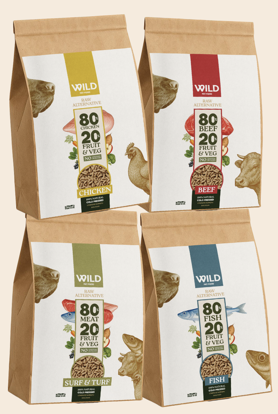 Four bags of pet food labeled chicken, beef, surf & turf, and fish.