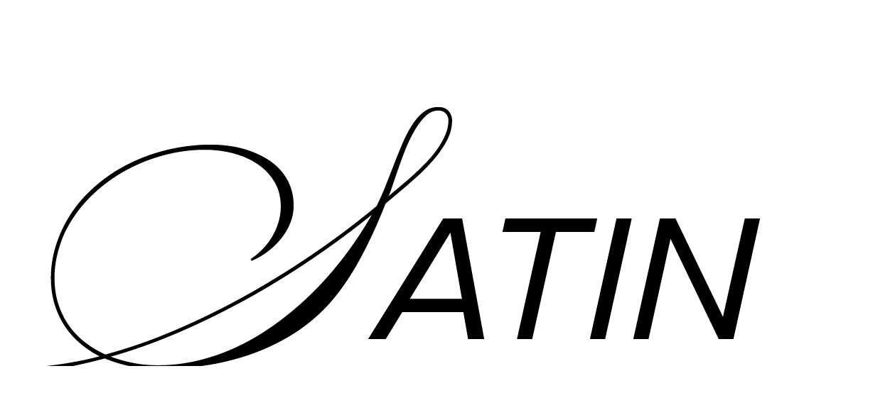 Stylized text spelling 'SATIN' with an elegant script 'S'.