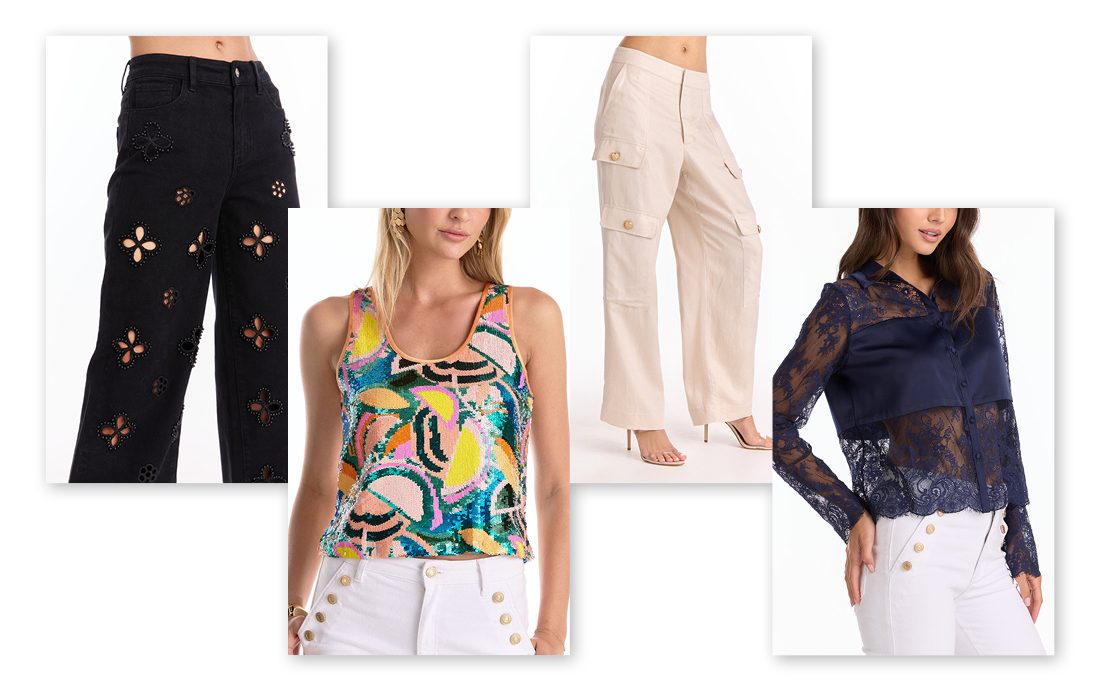 Collage of women's fashion items: pants, colorful top, and lace blouse.