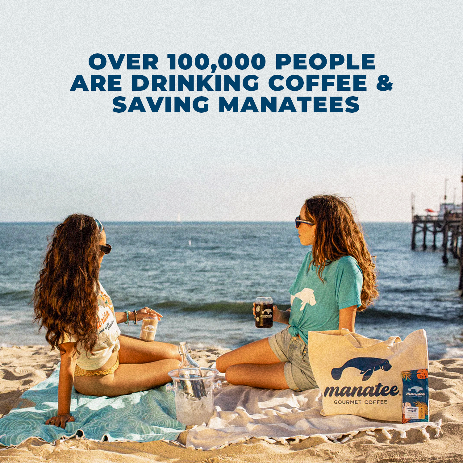 Two people sitting on a beach with coffee, text about saving manatees.