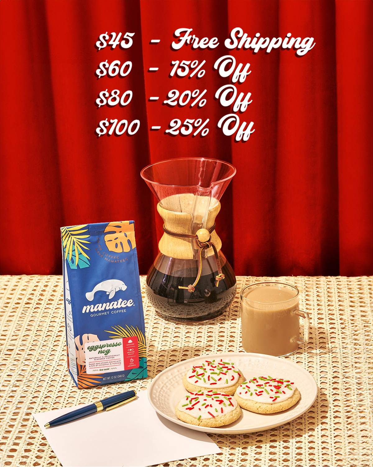 Coffee setup with cookies, coffee bag, glass, and red curtain with discount offers.