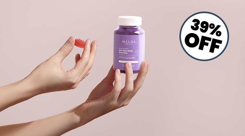 Hands holding a bottle of gummies with a 39% off label.