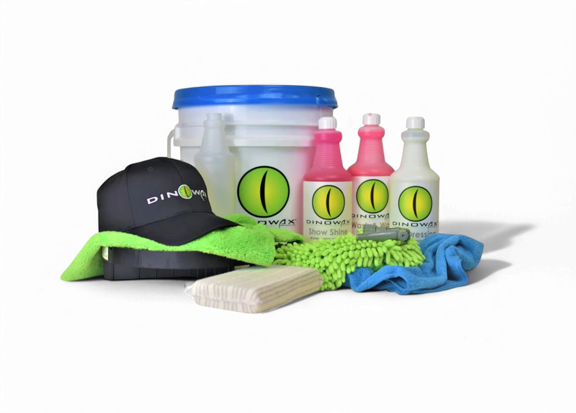 Car care products and accessories, including bottles, a bucket, towels, and a cap.
