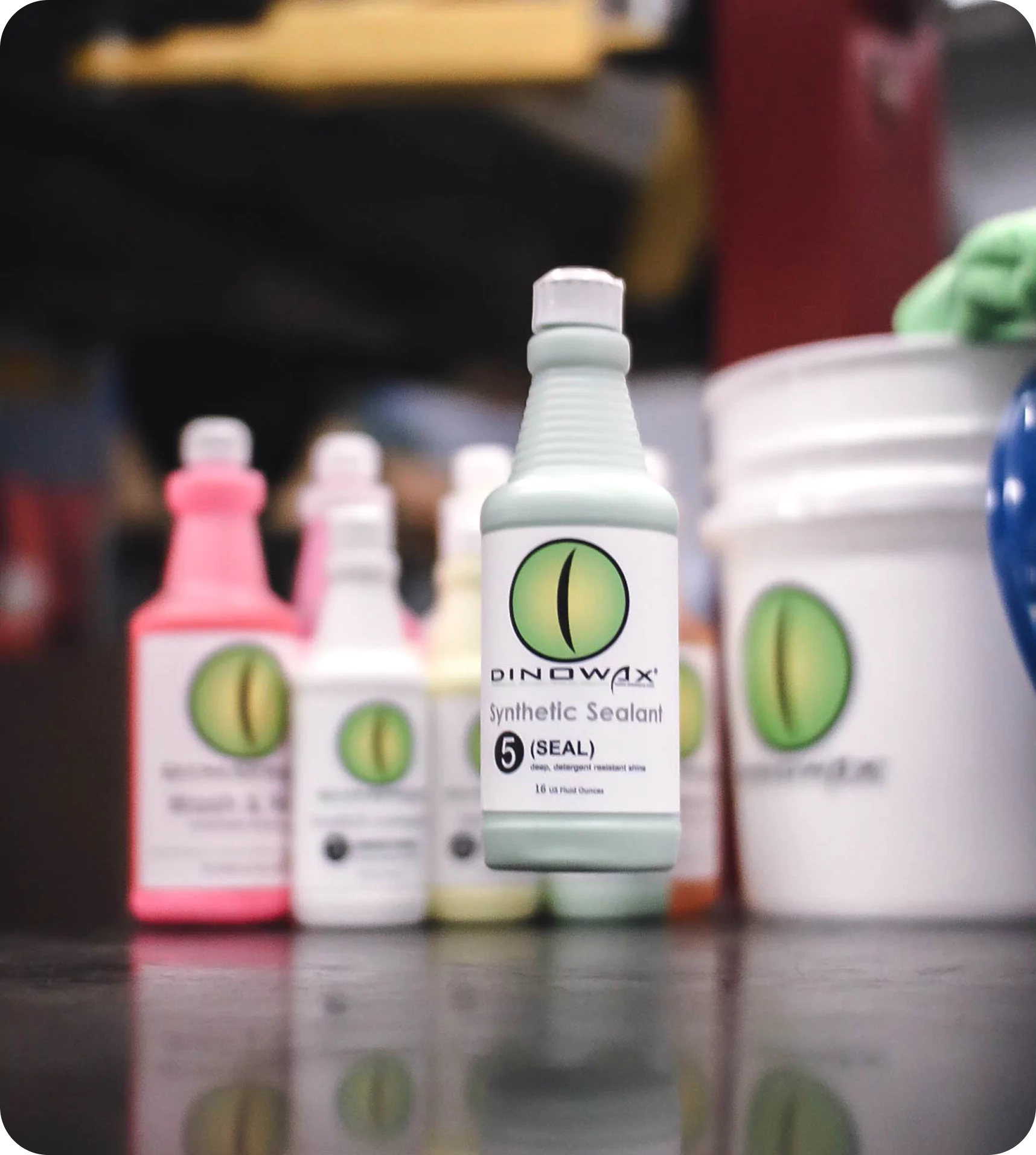 Bottles of Dinowax products, including Synthetic Sealant, on a table.
