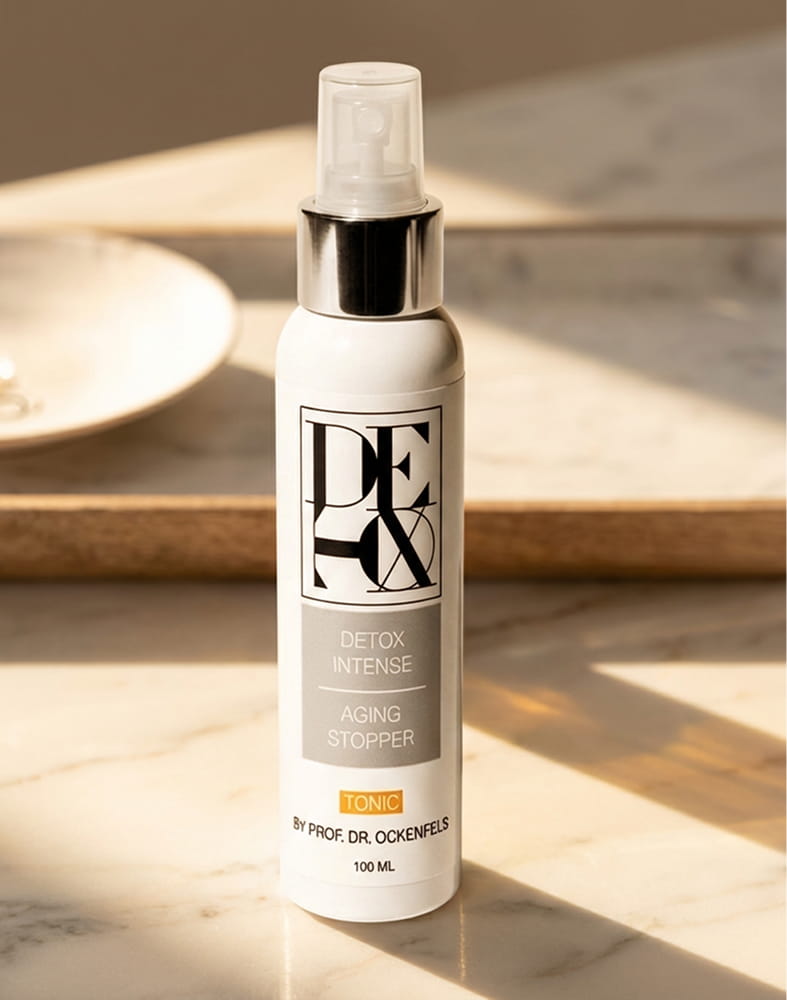A white spray bottle of Detox Intense Tonic sits on a marble surface in soft lighting.