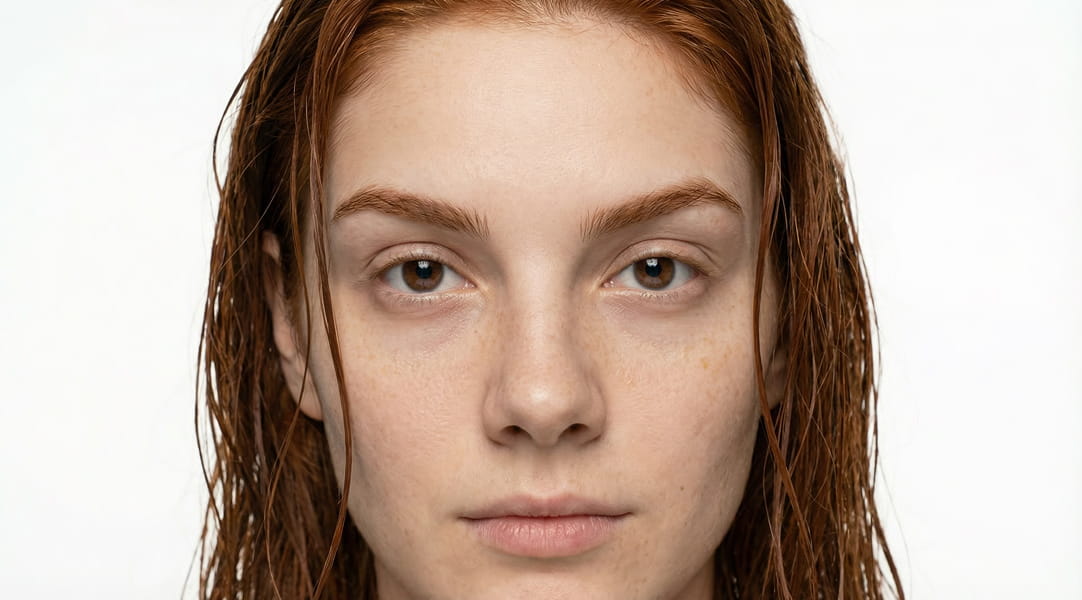 A close-up portrait of a woman with wet red hair and freckles looking directly at the camera.
