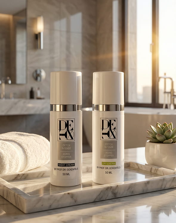 Two white cosmetic bottles, a day cream and a night cream, on a marble tray in a bathroom.