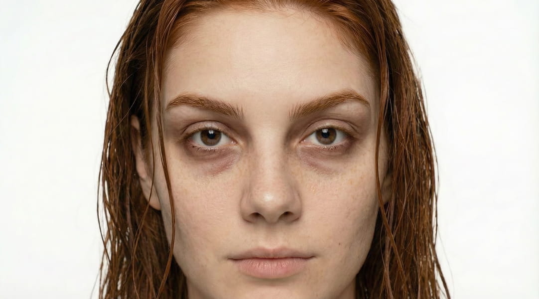 A close-up photo of a woman with wet, reddish-brown hair and dark circles under her eyes.