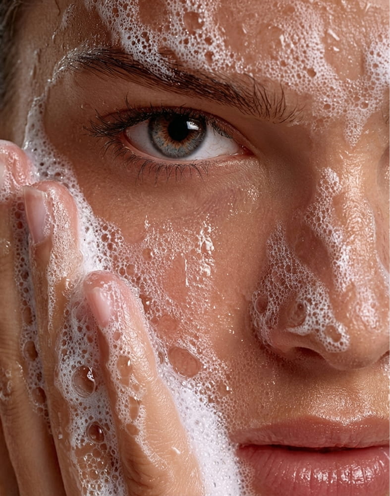 A close-up of a person's face being washed with a foamy cleanser.