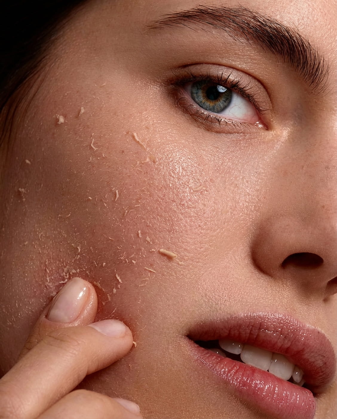 A close-up of a woman's face with dry, peeling skin on her cheek.