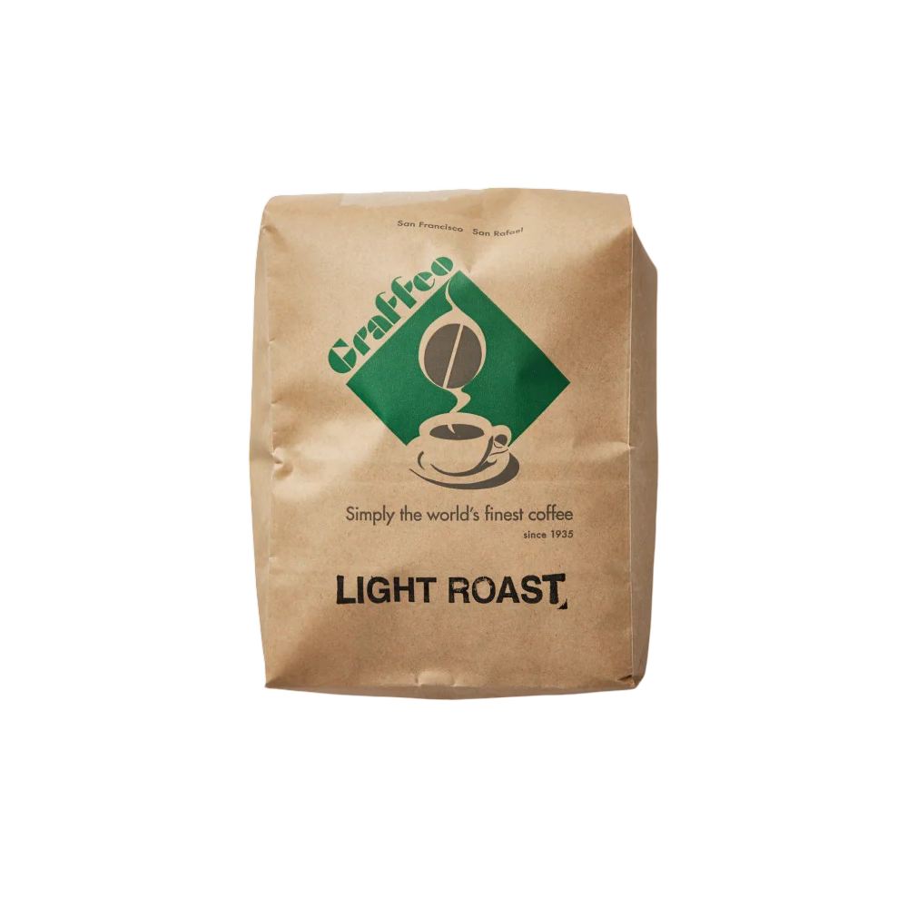 A brown paper bag of Graffeo Light Roast coffee, shot straight-on against a white background.