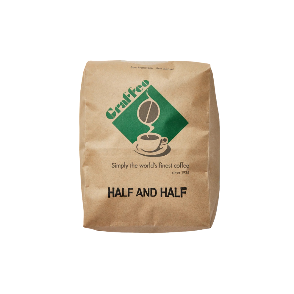 A brown paper bag of Graffeo Half and Half coffee against a white background.