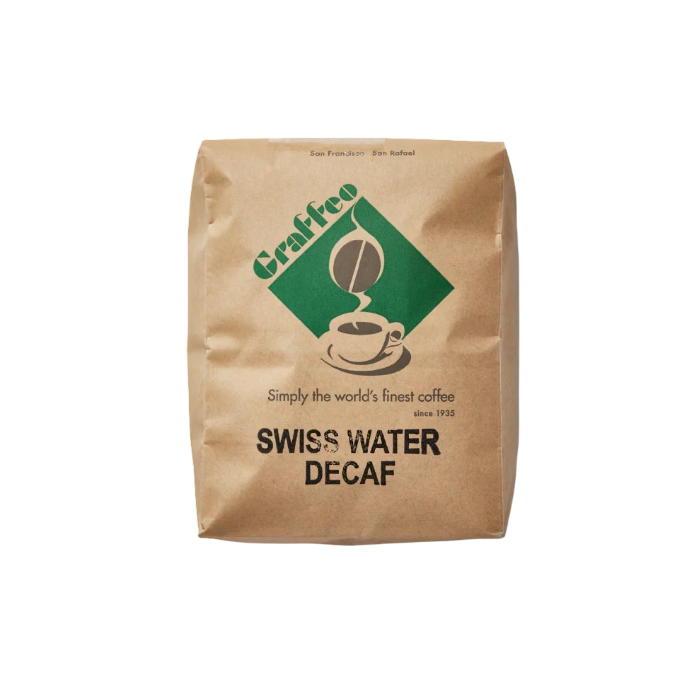 A brown paper bag of Graffeo Swiss Water Decaf coffee against a white background.