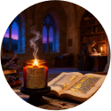 Candlelit book and person writing in a medieval study.