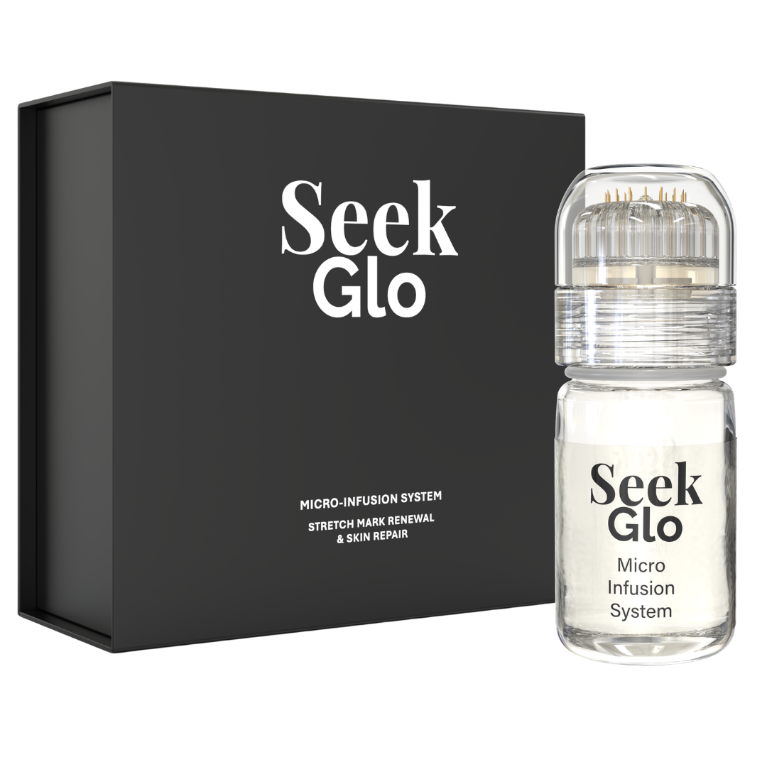 The Seek Glo Micro-Infusion System bottle and applicator next to its black packaging box.