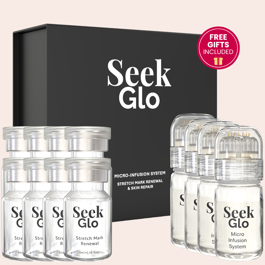 A Seek Glo Micro-Infusion System kit, showing a black box and several small glass vials for skin treatment.