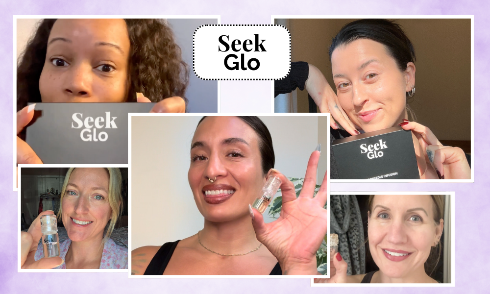 A photo collage of five different women holding and showing Seek Glo skincare products.