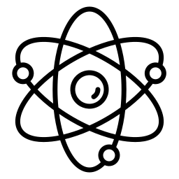 A black and white line icon of an atom with a nucleus and three orbiting electrons.