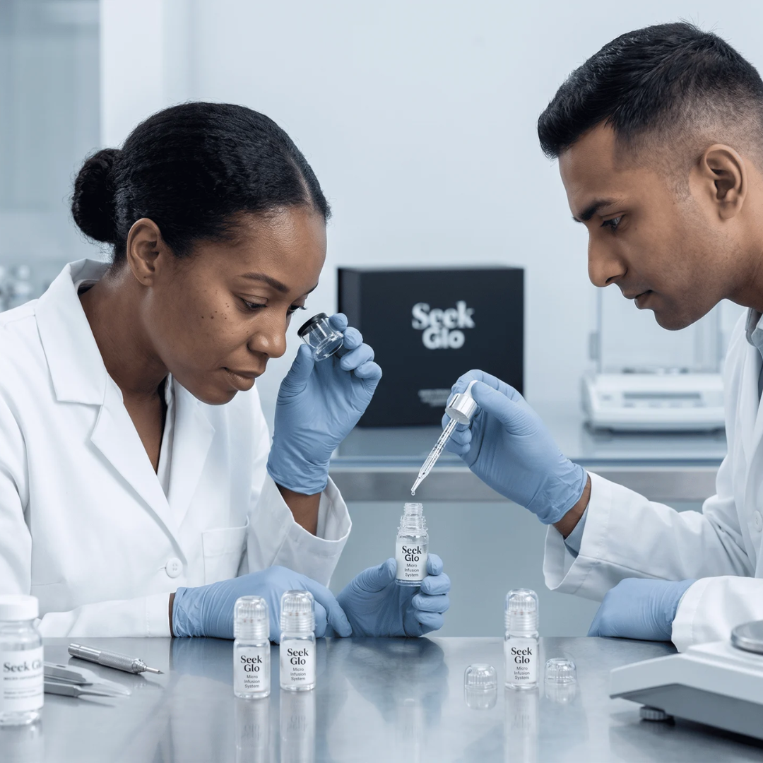 Two scientists in lab coats and gloves examine a liquid in a small bottle in a laboratory setting.