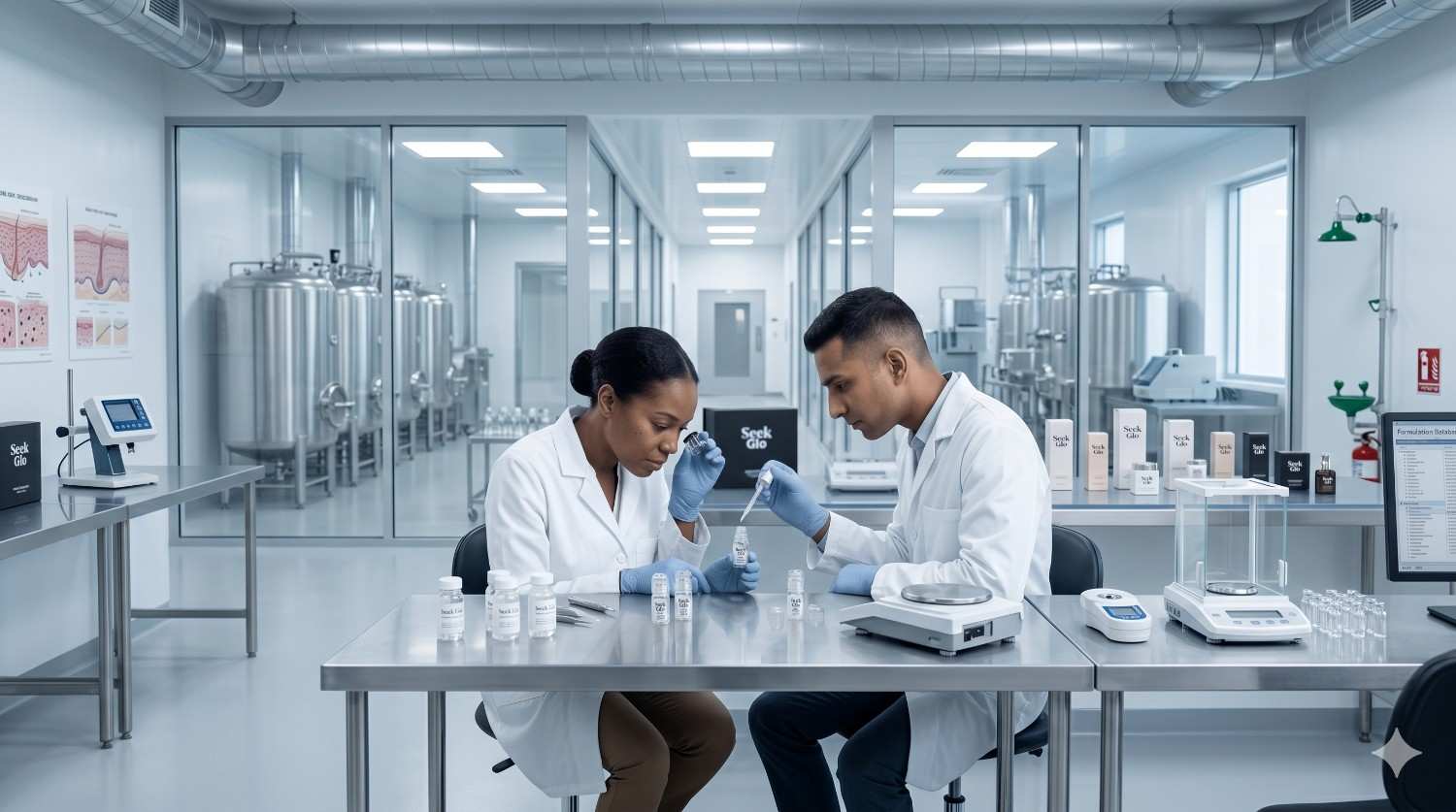 Two scientists in lab coats and gloves work together at a table in a modern, sterile laboratory.