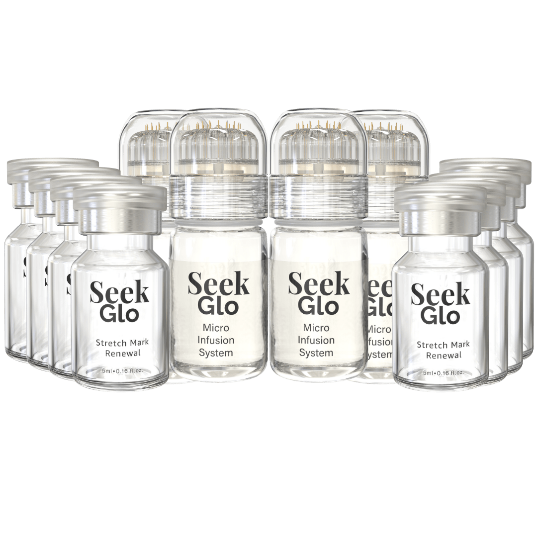 Array of Seek Glo vials labeled 'Micro Infusion System' and 'Stretch Mark Renewal.'