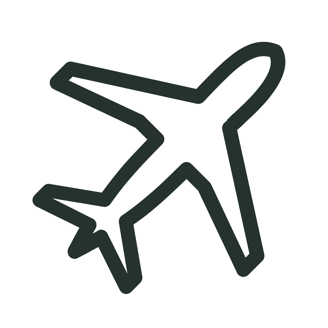 Black airplane icon on a transparent background.