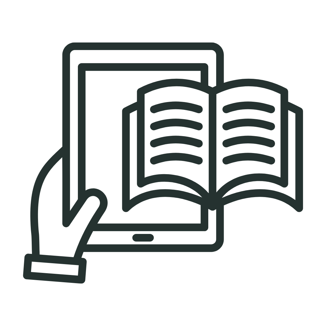 Icon of a hand holding a tablet with an open book.