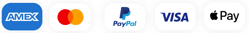 Icons of Amex, Mastercard, PayPal, Visa, and Apple Pay on a white background.