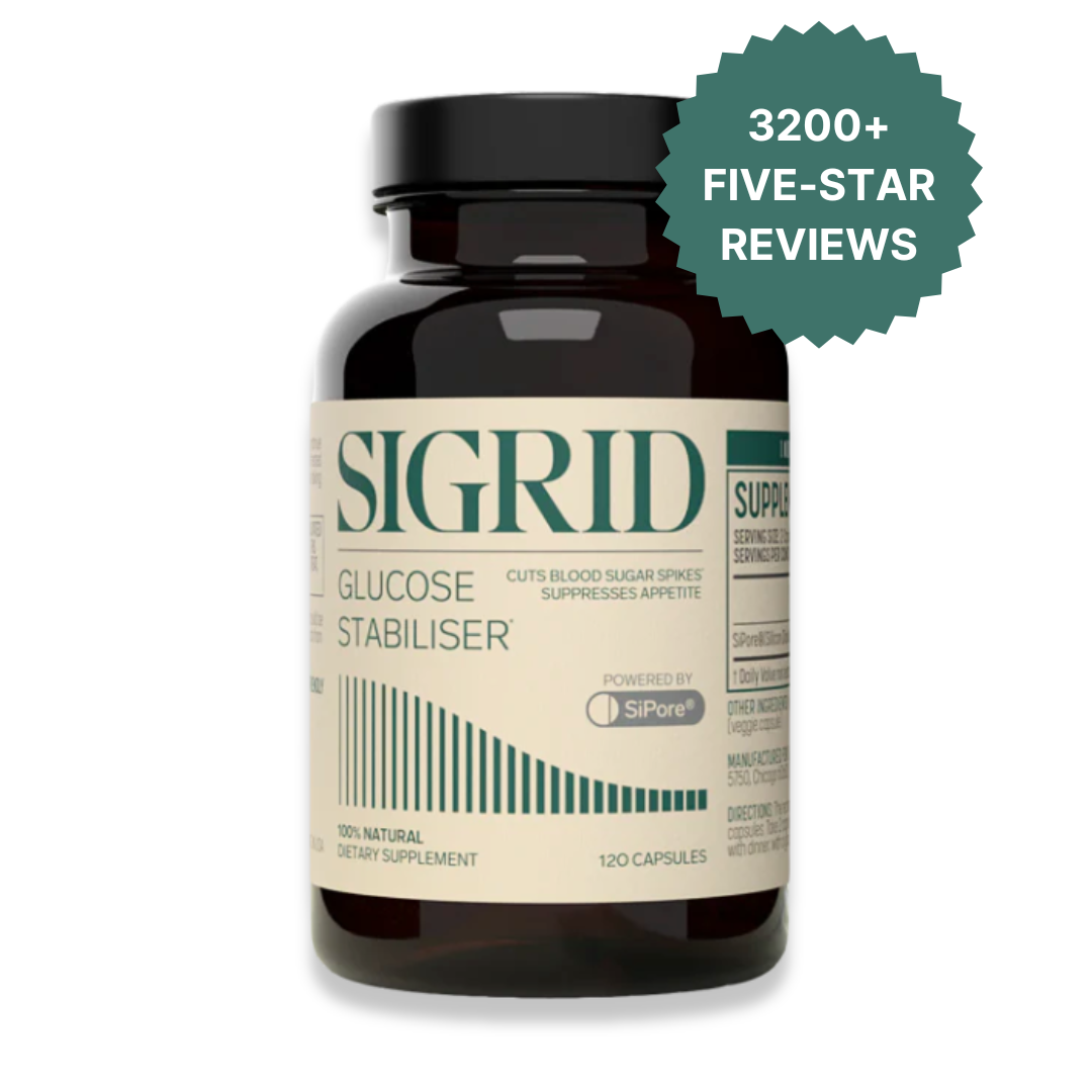 Bottle of Sigrid Glucose Stabiliser with 3200+ five-star reviews badge.