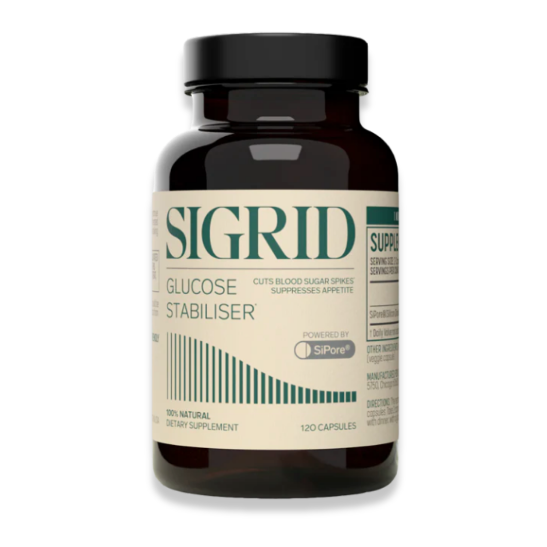 Brown bottle labeled 'Sigrid Glucose Stabiliser' with 120 capsules.