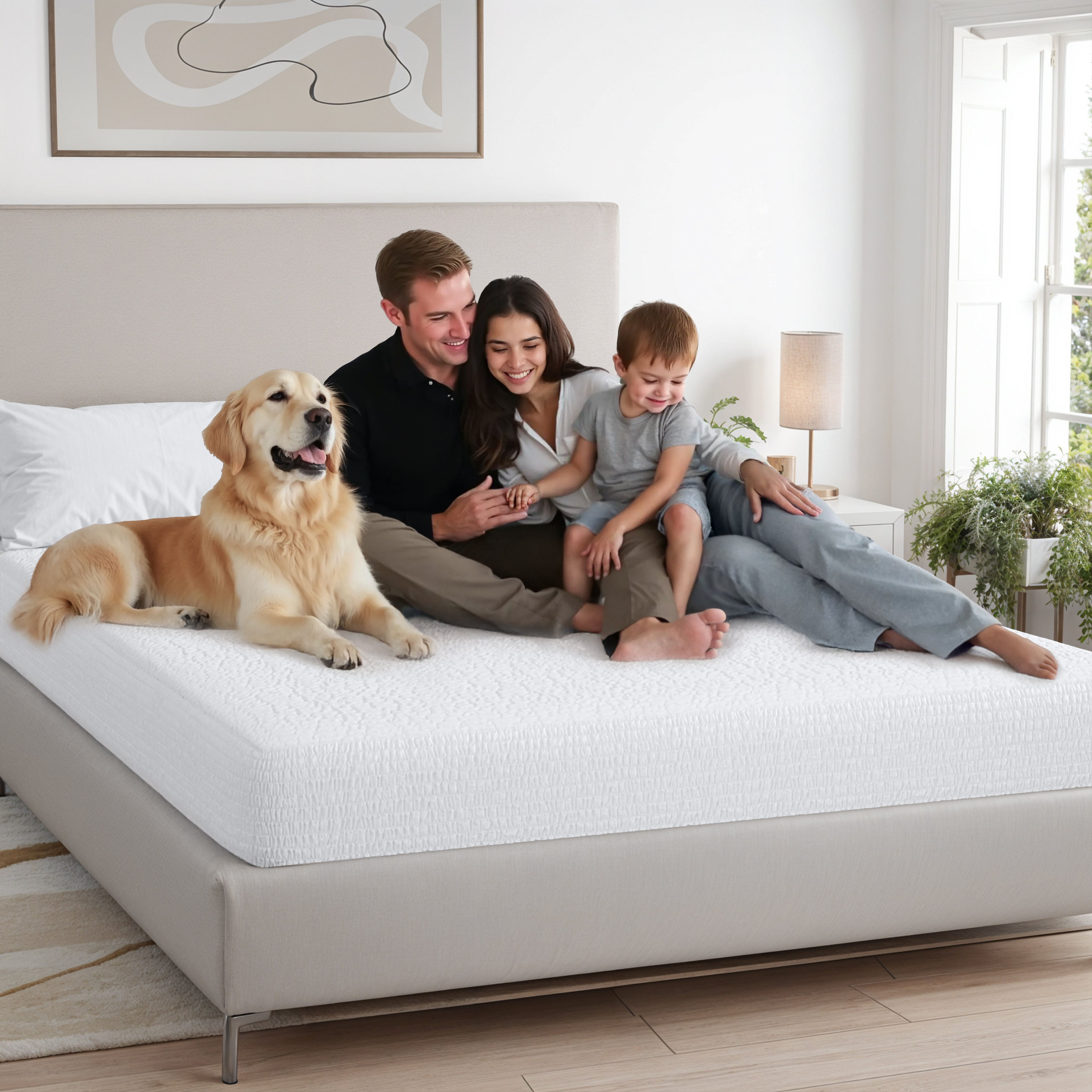 Family with a dog sitting on a bed, smiling.