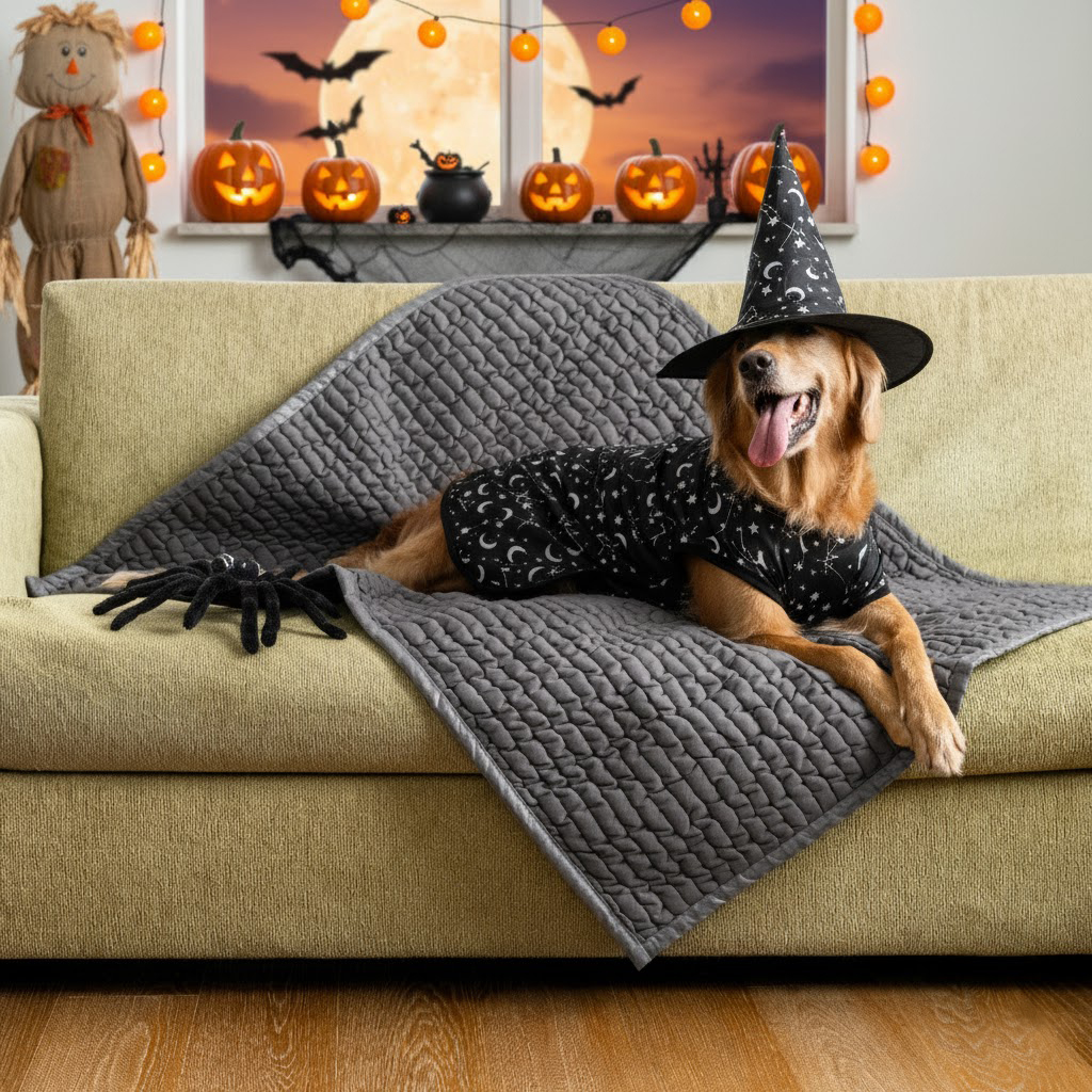 Dog in witch costume on couch, Halloween decorations in background.