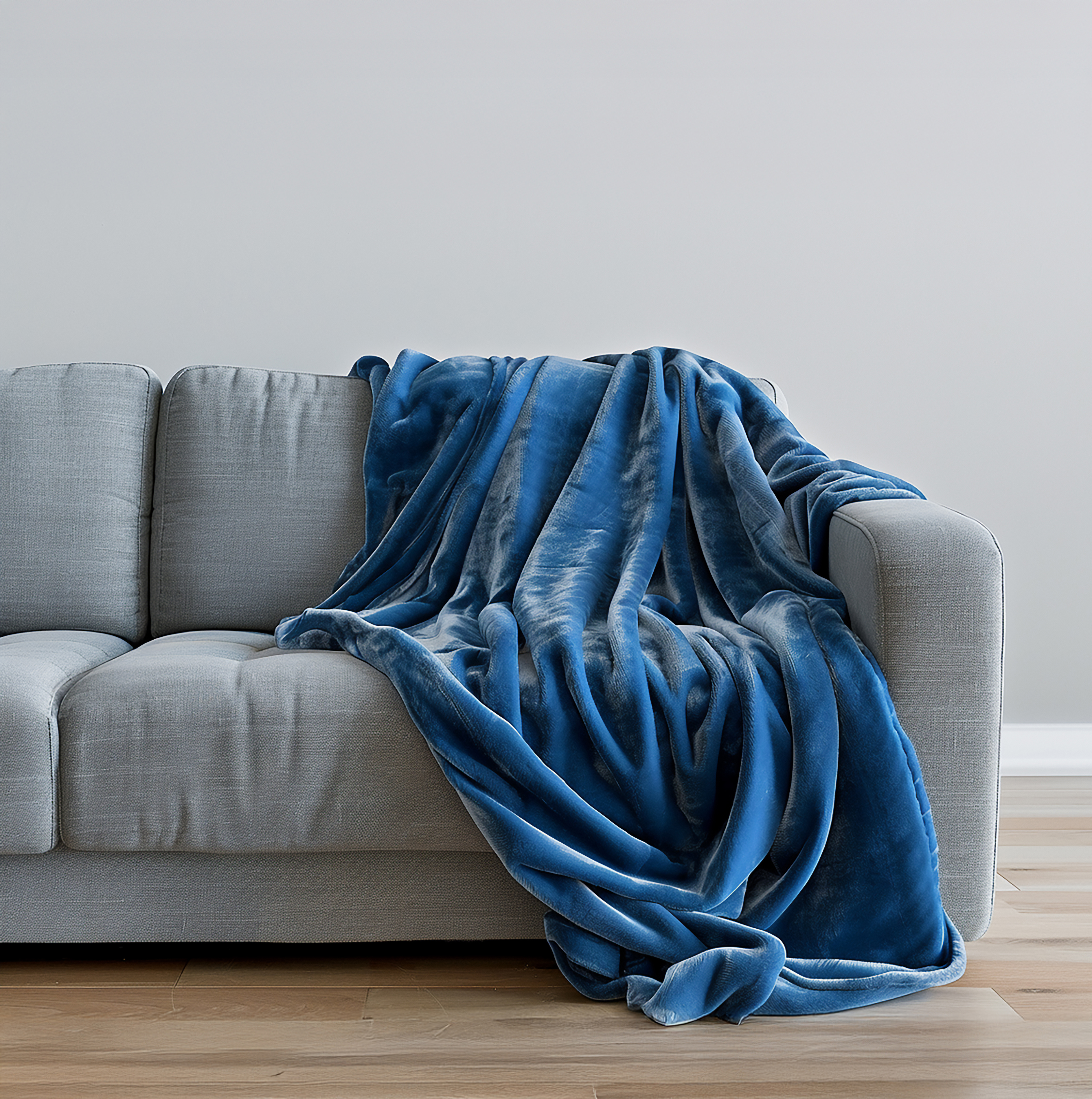 Gray sofa with a blue velvet blanket draped over it.