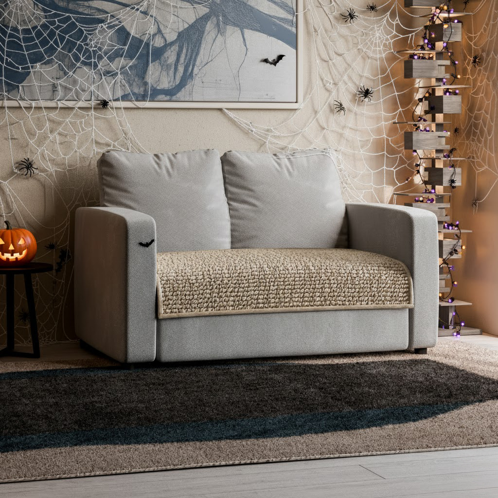 Grey couch with Halloween decor: spiders, cobwebs, jack-o'-lantern, and bat on the wall.
