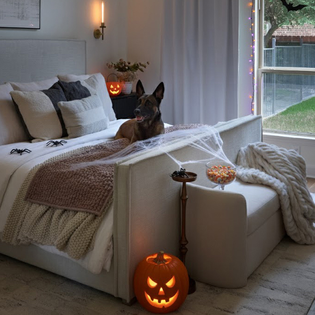 Bedroom with Halloween decor, a dog on the bed, jack-o'-lanterns, and cobwebs.