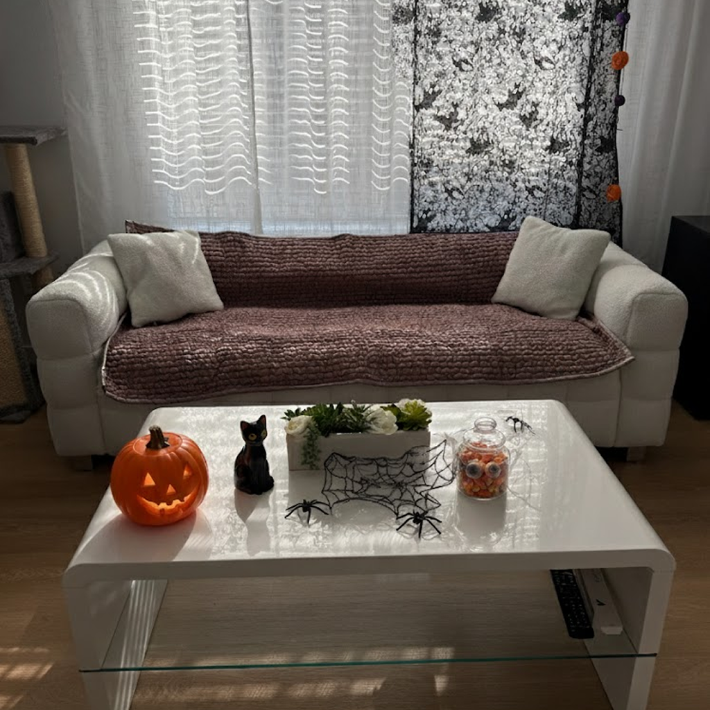 Sofa with cushions, Halloween decorations on table, including a pumpkin and a black cat figurine.