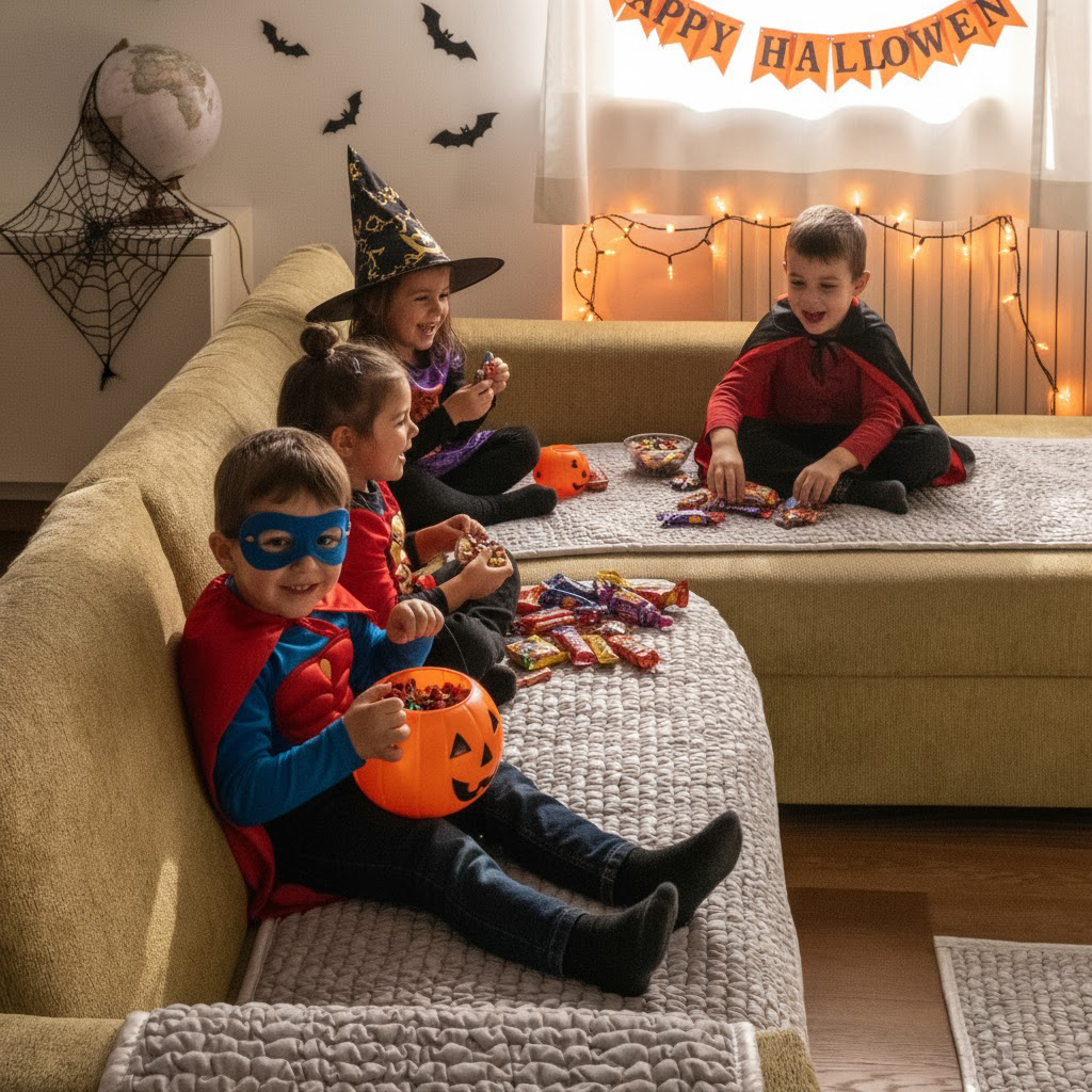 Children in costumes enjoying Halloween candy on a sofa.